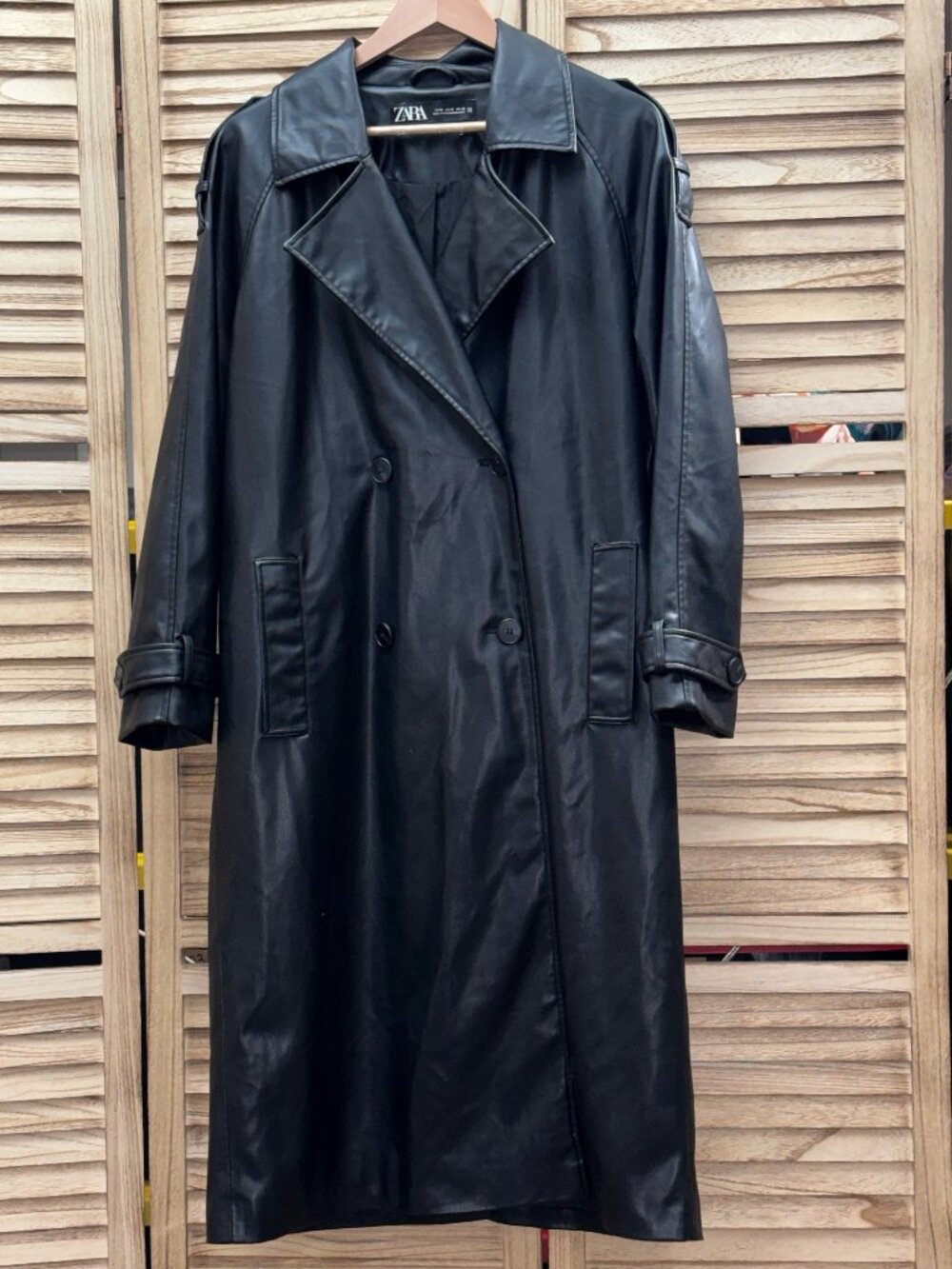 Zara Black Faux Leather Double Breasted Trench Coat Outerwear M